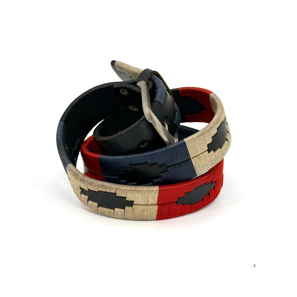 Vintage 90s Black Genuine Leather Aztec Red Blue Stitch Geometric Buckle Belt