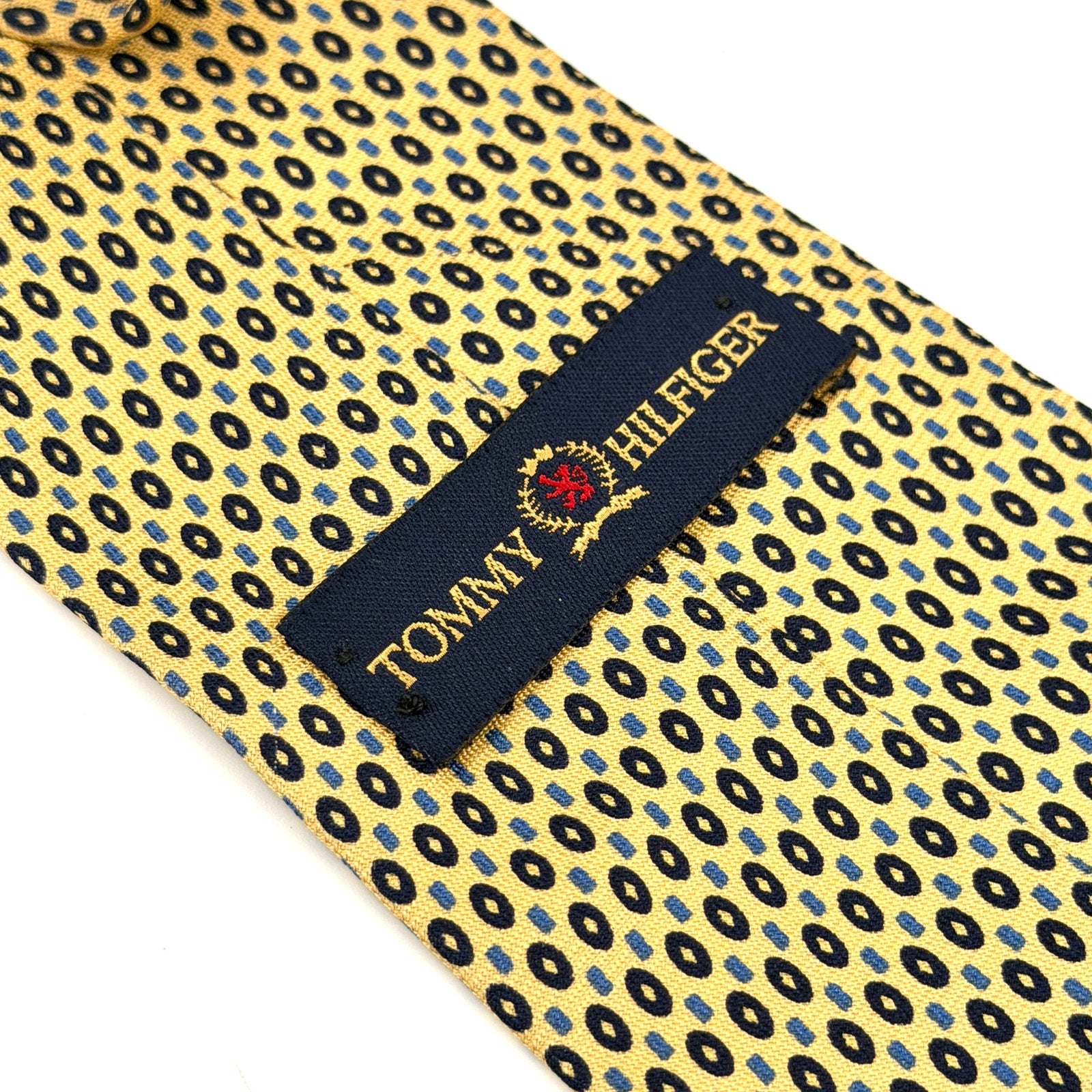Vintage 90s Tommy Hilfiger Yellow and Blue Geometric 100% Silk Tie