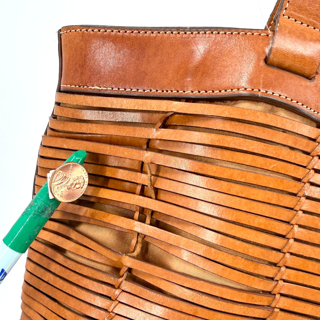 Vintage Y2K Me Too Cognac Genuine Leather Woven Structured Tote