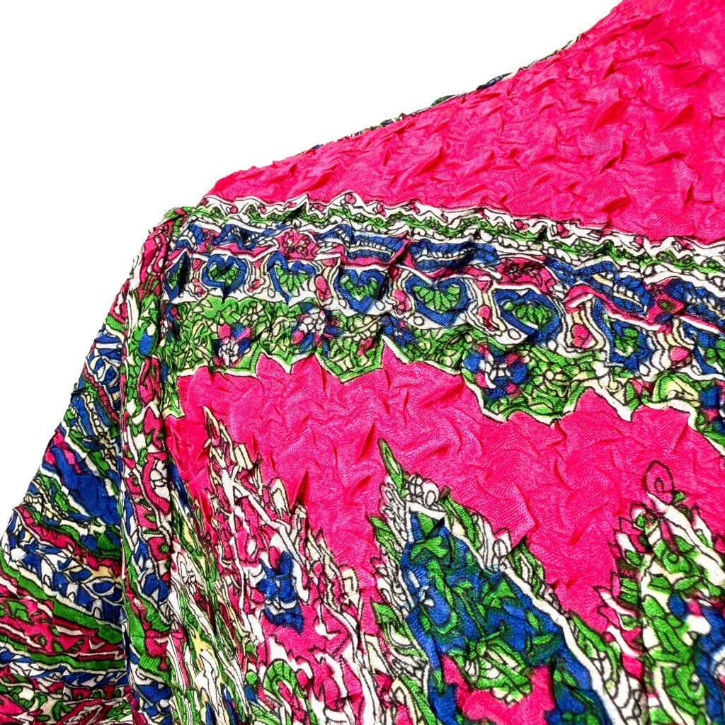 Hot Pink Paisley Crinkle Satin Boho Mini Dress