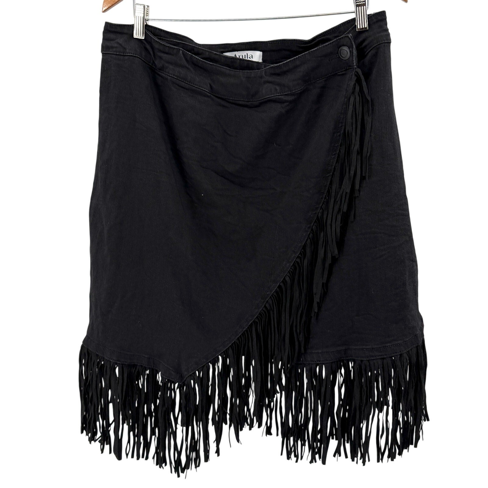 Arula Black Denim Fringe Wrap Mini Skirt