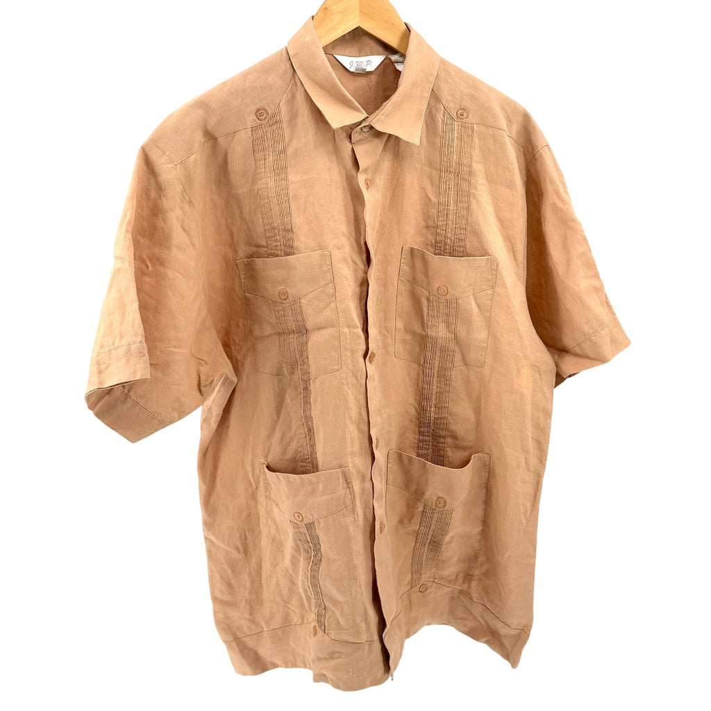 Vintage Y2K JMP Tan Pleated Four Pocket Short Sleeve Cuban Guayabera Shirt