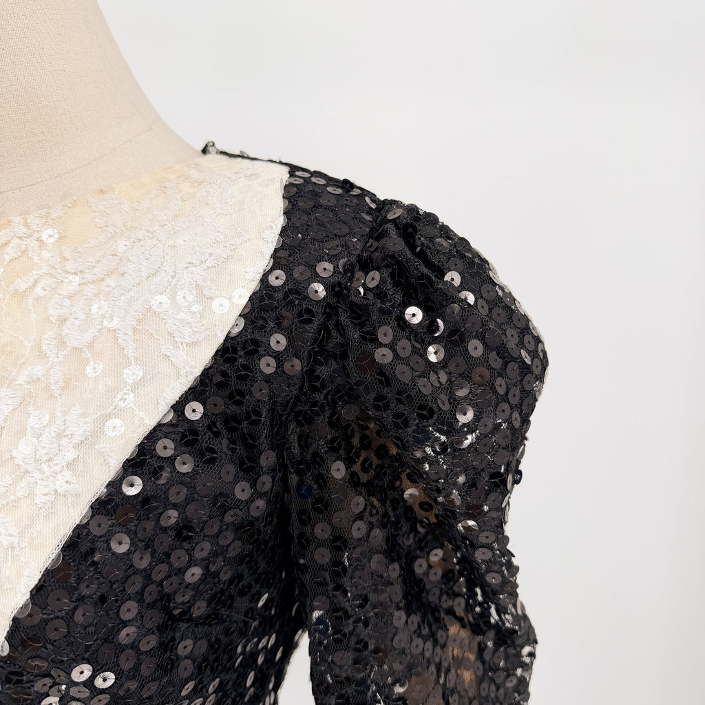 Vintage 80s Dave & Johnny Joseph Lara White Black Sequin Fringe Dress
