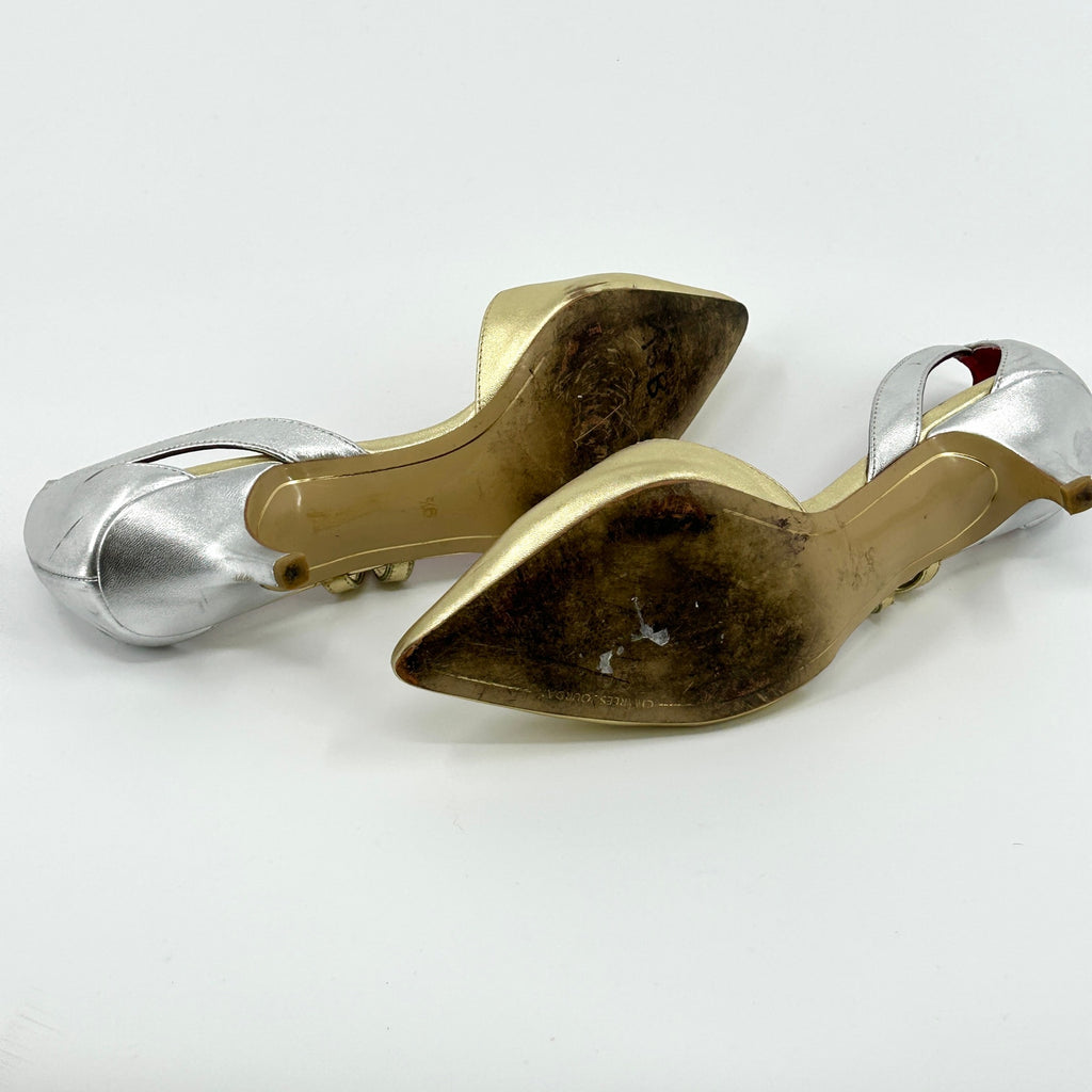 Vintage Y2K Charles Jourdan Gold Silver Leather Pointed Toe T-Strap Heels