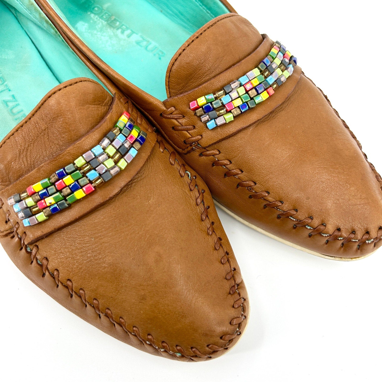 Vintage 90s Robert Zur Brown Leather Beaded Moccasin Driving Shoes