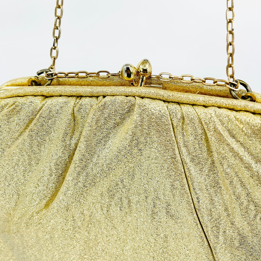 Vintage 1960s Gold Metallic Lamé Frame Evening Clutch Bag