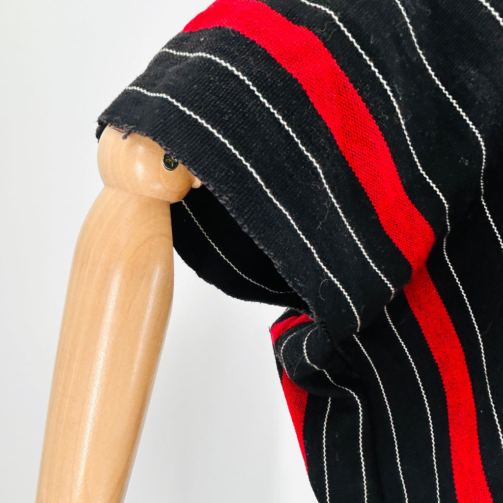 Vintage 80s Handwoven Black Red Striped 100% Cotton Kaftan Dress