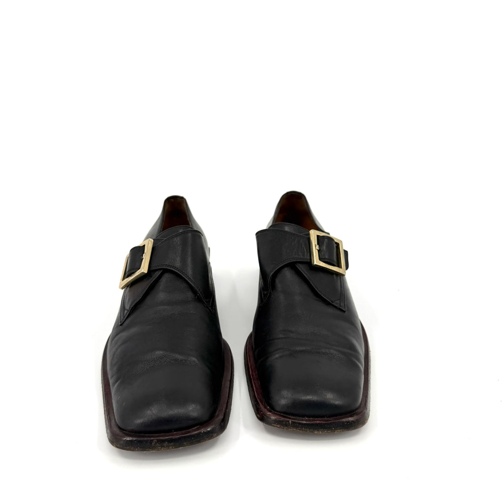 Vintage 90s Sergio Rossi Black Genuine Leather Square Toe Buckle Shoes