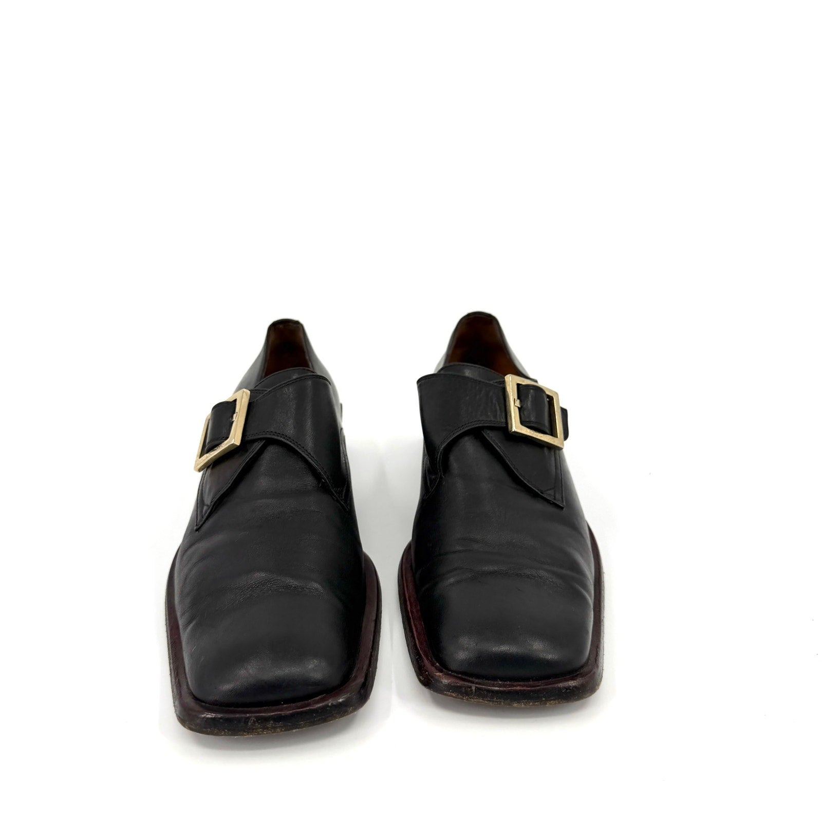 Vintage 90s Sergio Rossi Black Genuine Leather Square Toe Buckle Shoes