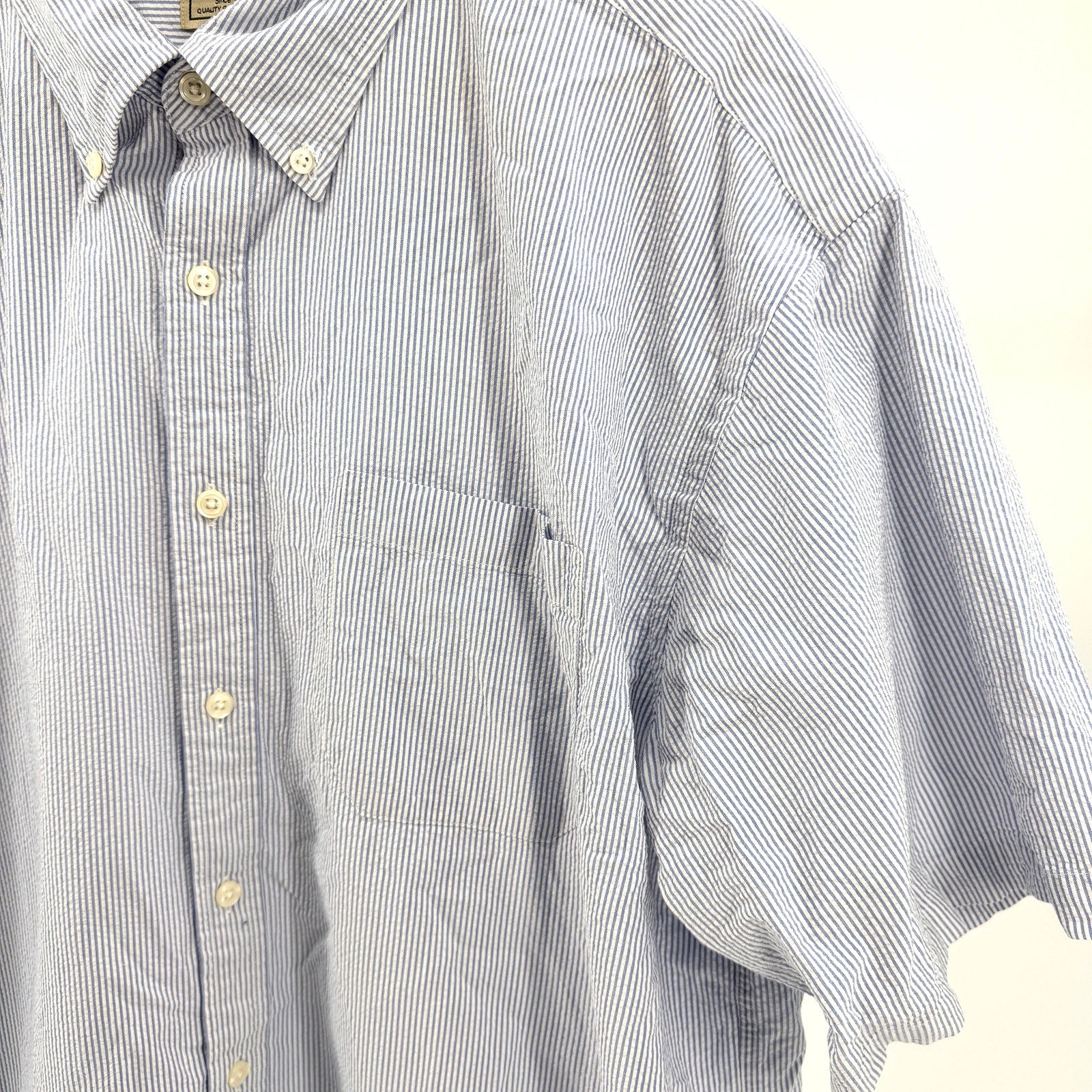 L.L. Bean Blue White Striped 100% Cotton Seersucker Button Down Shirt