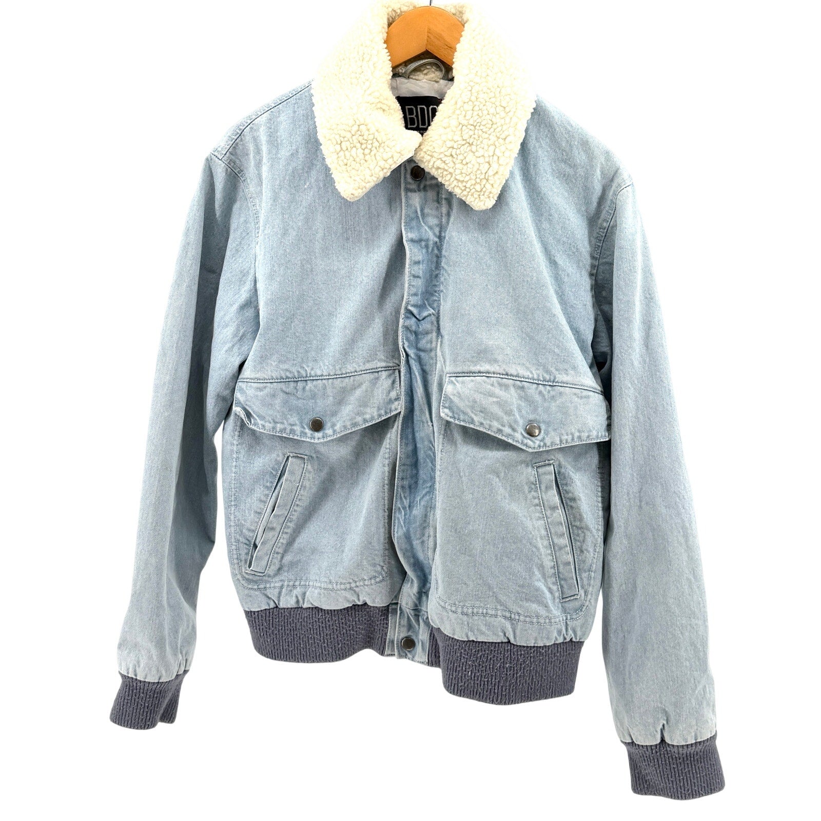 BDG Urban Outfitters Light Wash Denim Faux Sherpa Collar Bomber Jacket