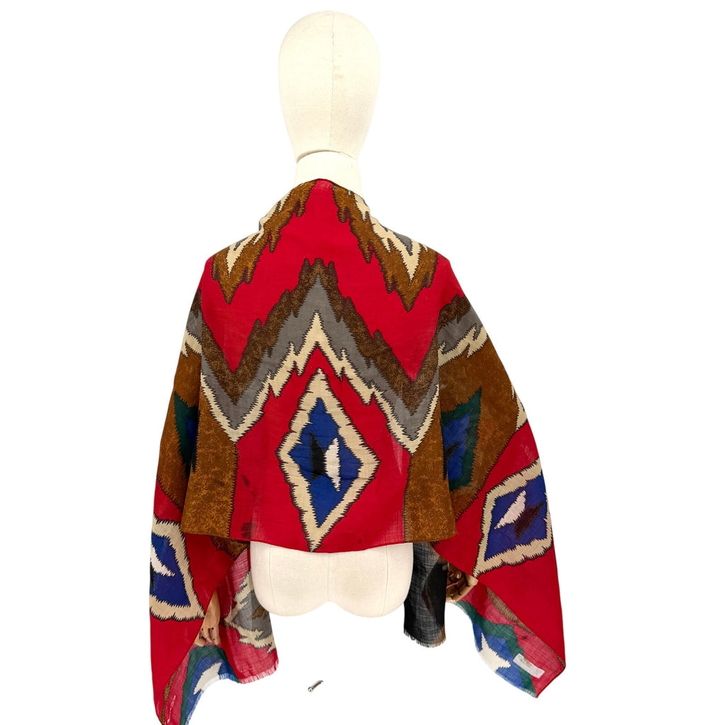 Vintage 80s Echo Red Aztec 100% Wool Southwestern Fringe Oblong Scarf