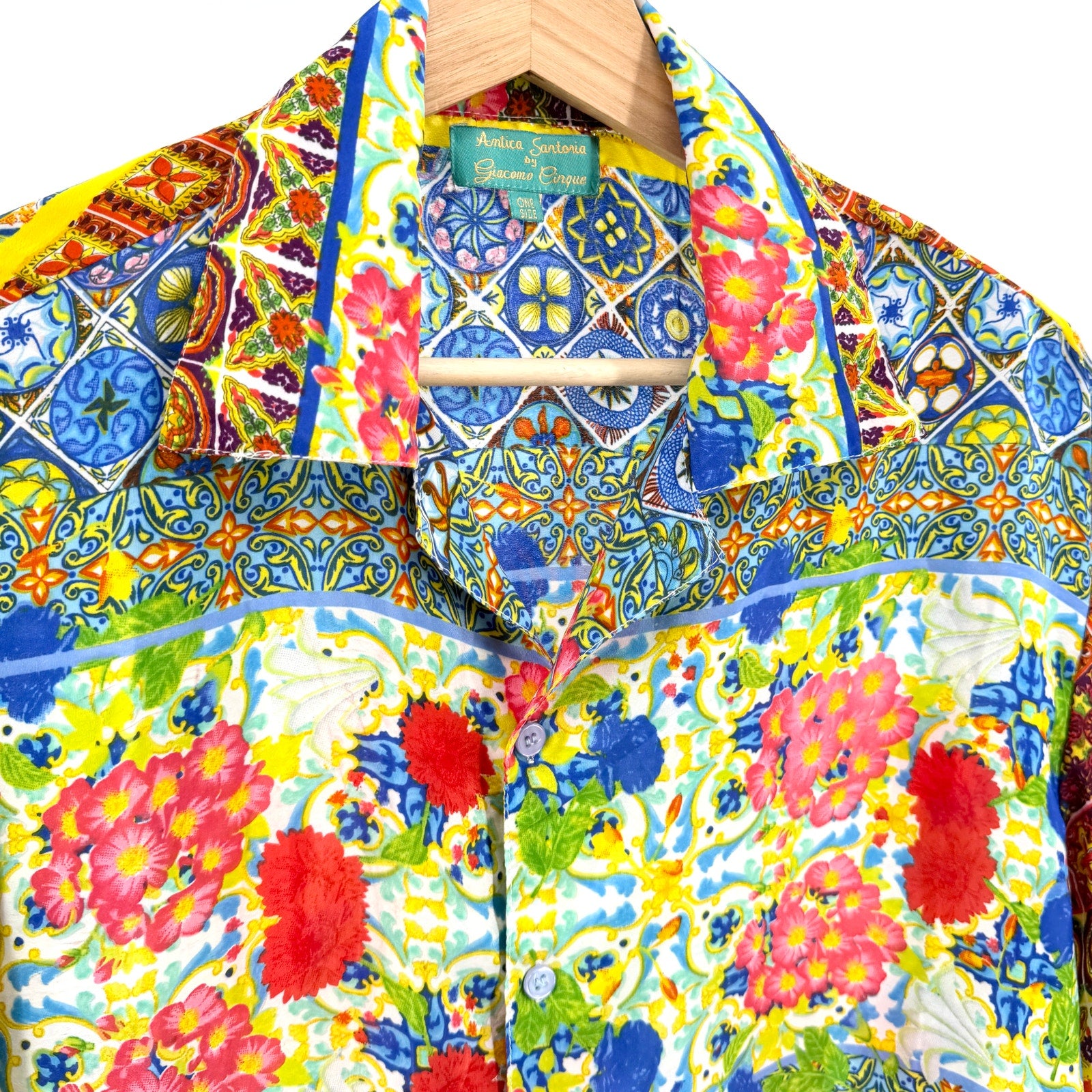 Antica Sartoria Multicolor Tile Floral Resort Button Down Short Sleeve Shirt