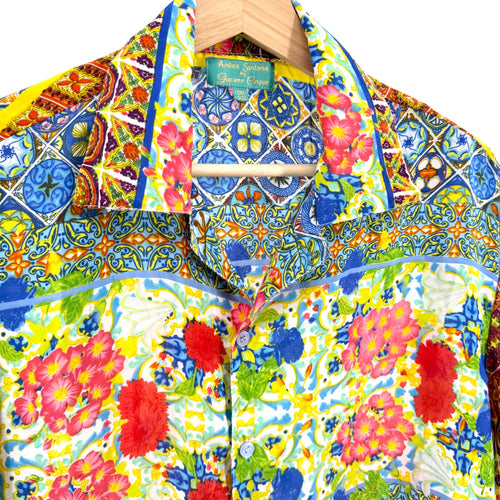 Antica Sartoria Multicolor Tile Floral Resort Button Down Short Sleeve Shirt