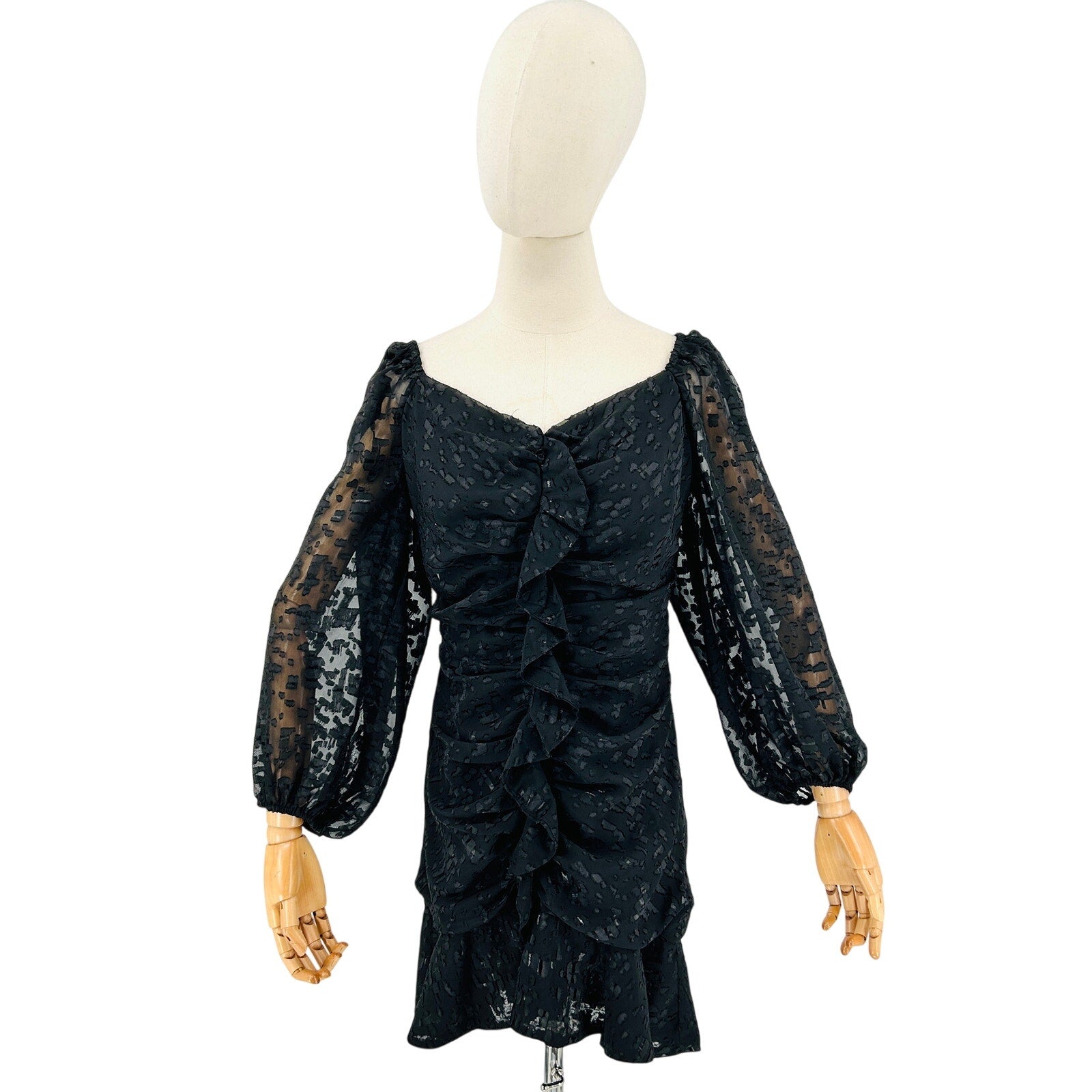 ASTR The Label Black Ruched Burnout Chiffon Cascading Ruffle Mini Dress