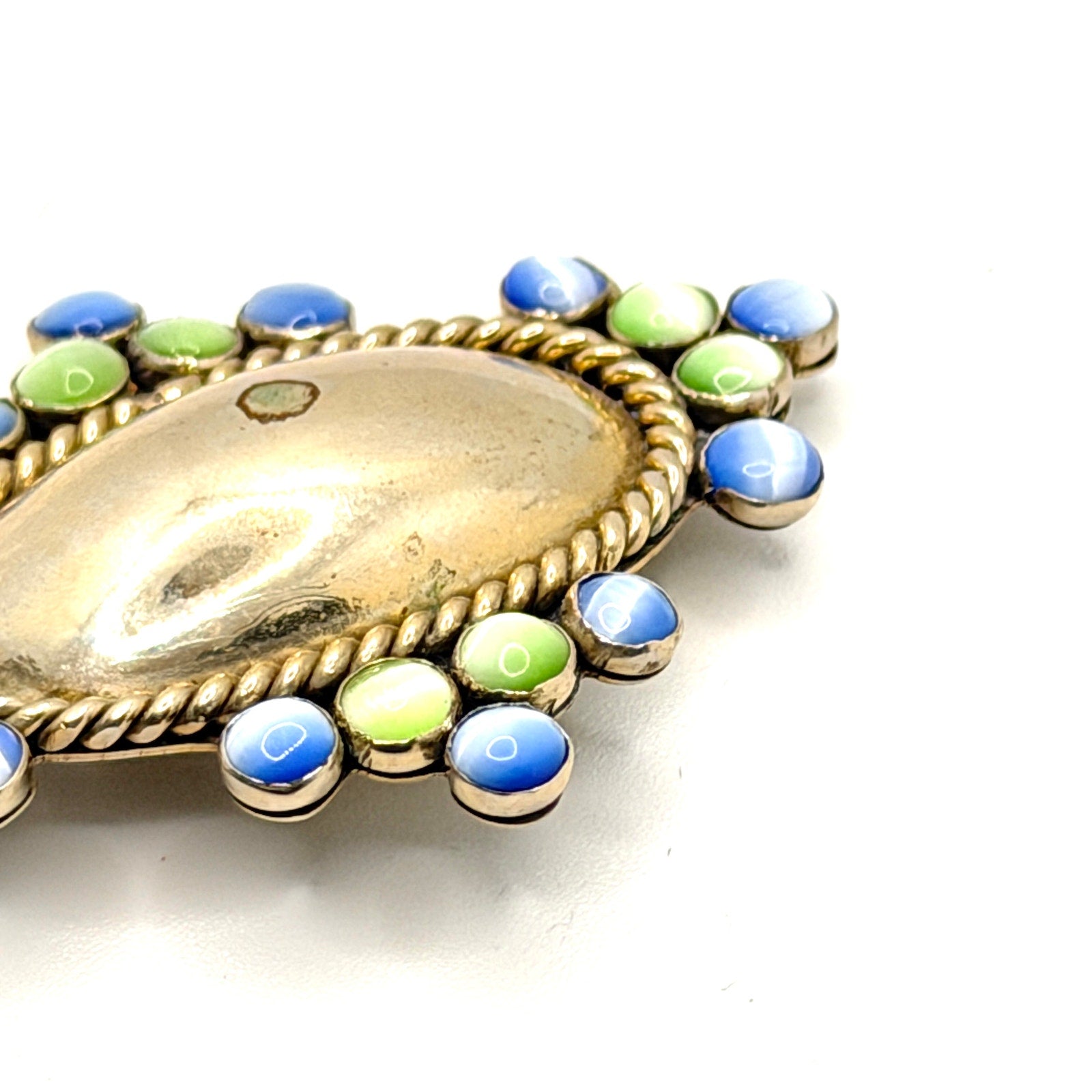 Vintage 90s Blue Green Cat Eye Glass Gold Tone Rope Twist Western Brooch Pin