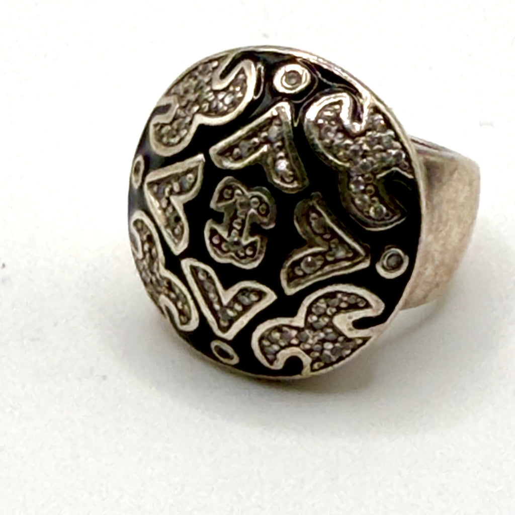 Vintage 90s Signed Black Enamel Rhinestone Sterling Silver Dome Cocktail Ring