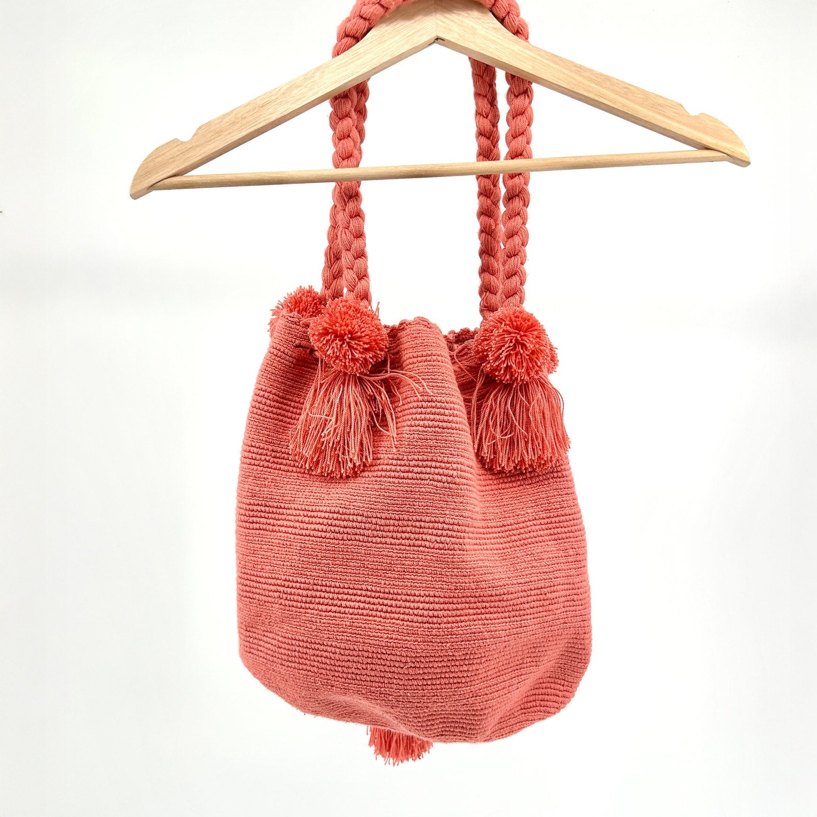 Handwoven Coral Pink Colombian Mochila Pom Pom Tassel Bucket Bag
