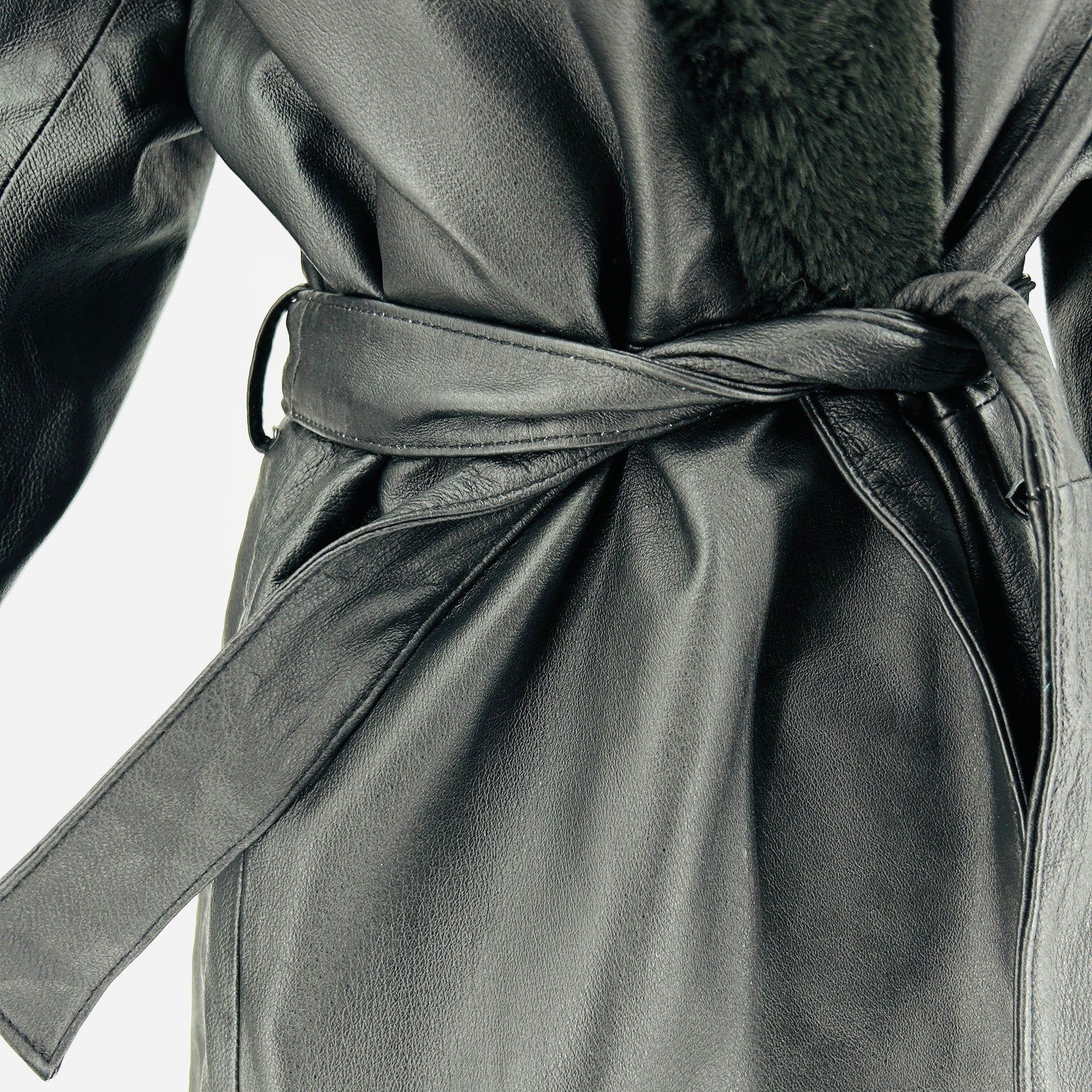 Vintage Y2K KC Collections Black Genuine Leather Faux Fur Trim Wrap Trench Coat