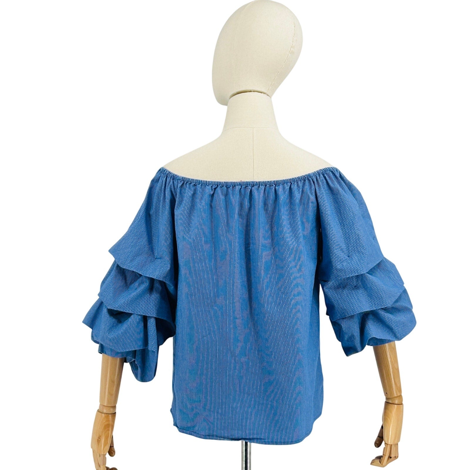 Philosophy Blue White Preppy Nautical Off-the-Shoulder Tiered Sleeve Top