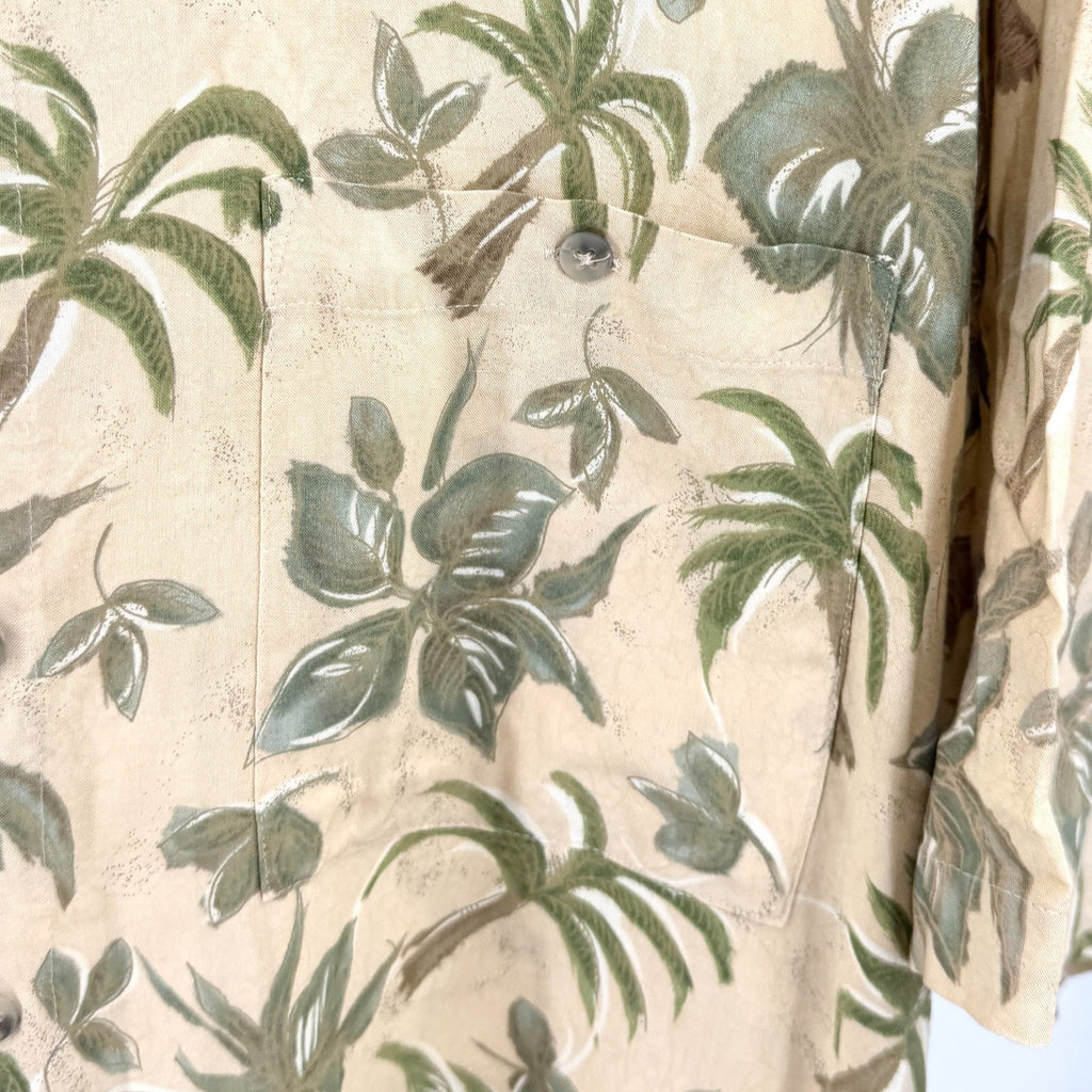 Vintage 90s Pierre Cardin Beige Green Tropical Palm Print Shirt