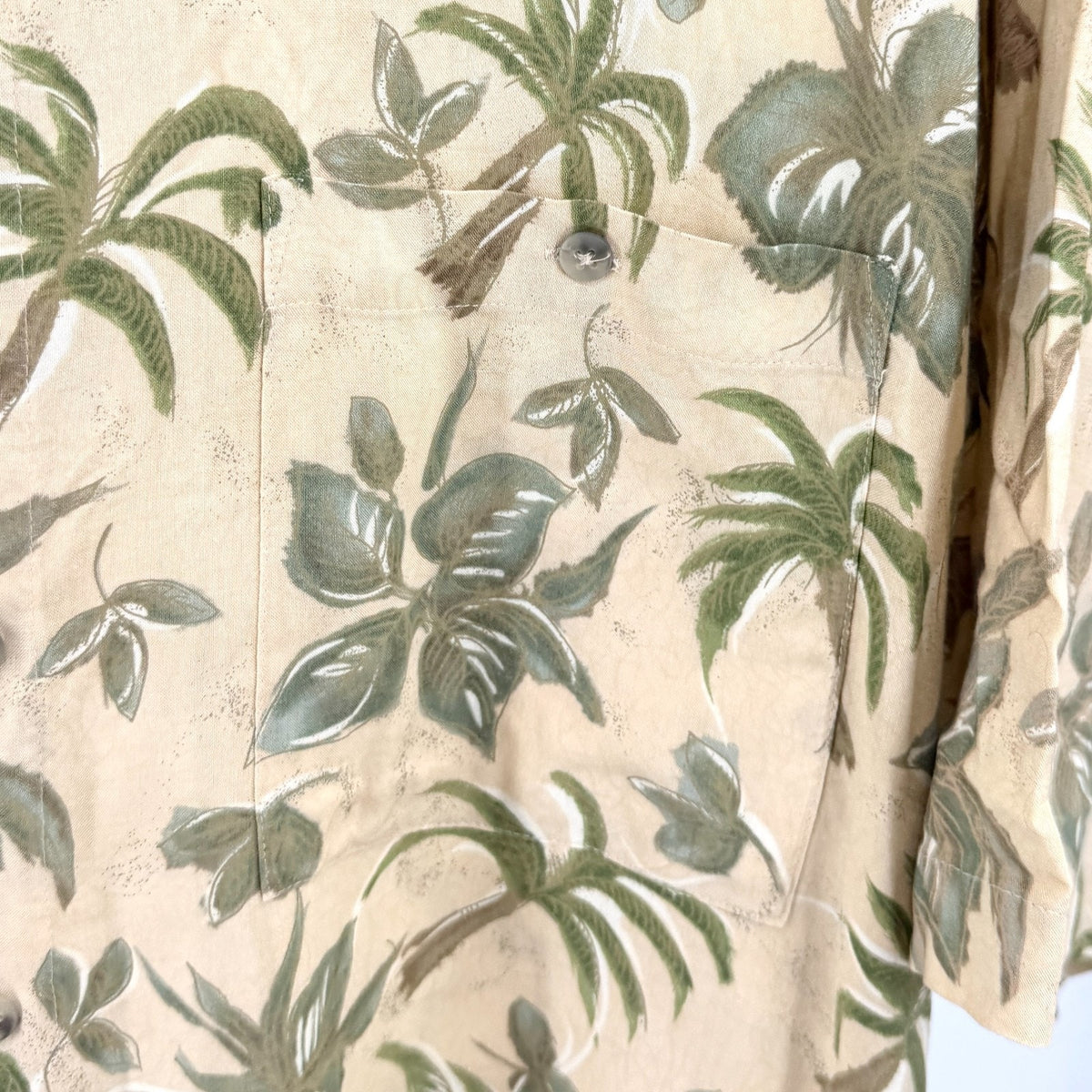 Vintage 90s Pierre Cardin Beige Green Tropical Palm Print Shirt
