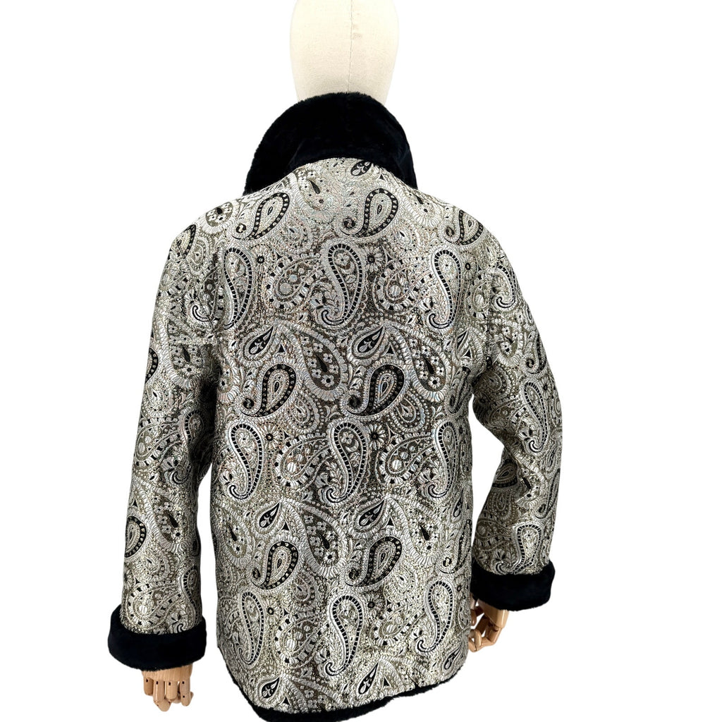 Vintage 80s Silver Gold Paisley Brocade Faux Fur Trim Tuxedo Jacket Coat