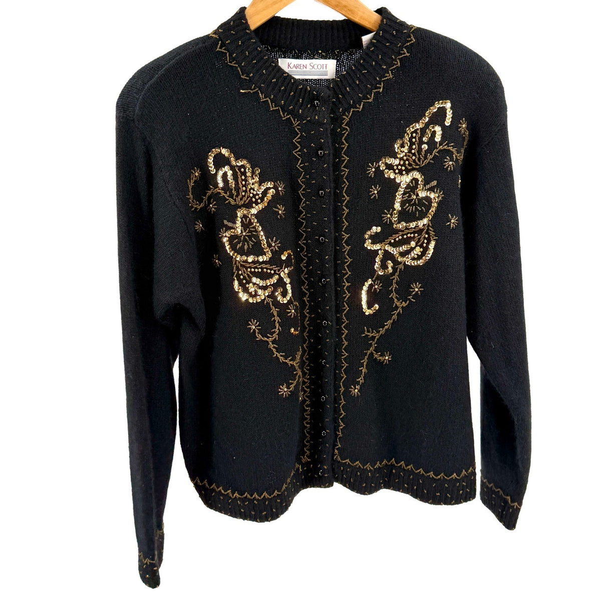 Vintage 90s Karen Scott Black Gold Sequin Beaded Holiday Cardigan