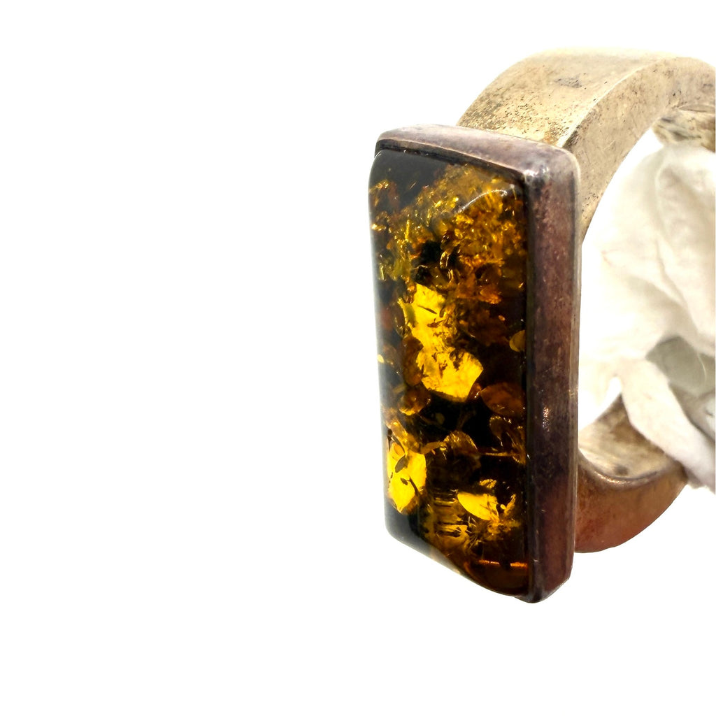 Vintage 90s Amber Sterling Silver Minimalist Rectangular Adjustable Ring