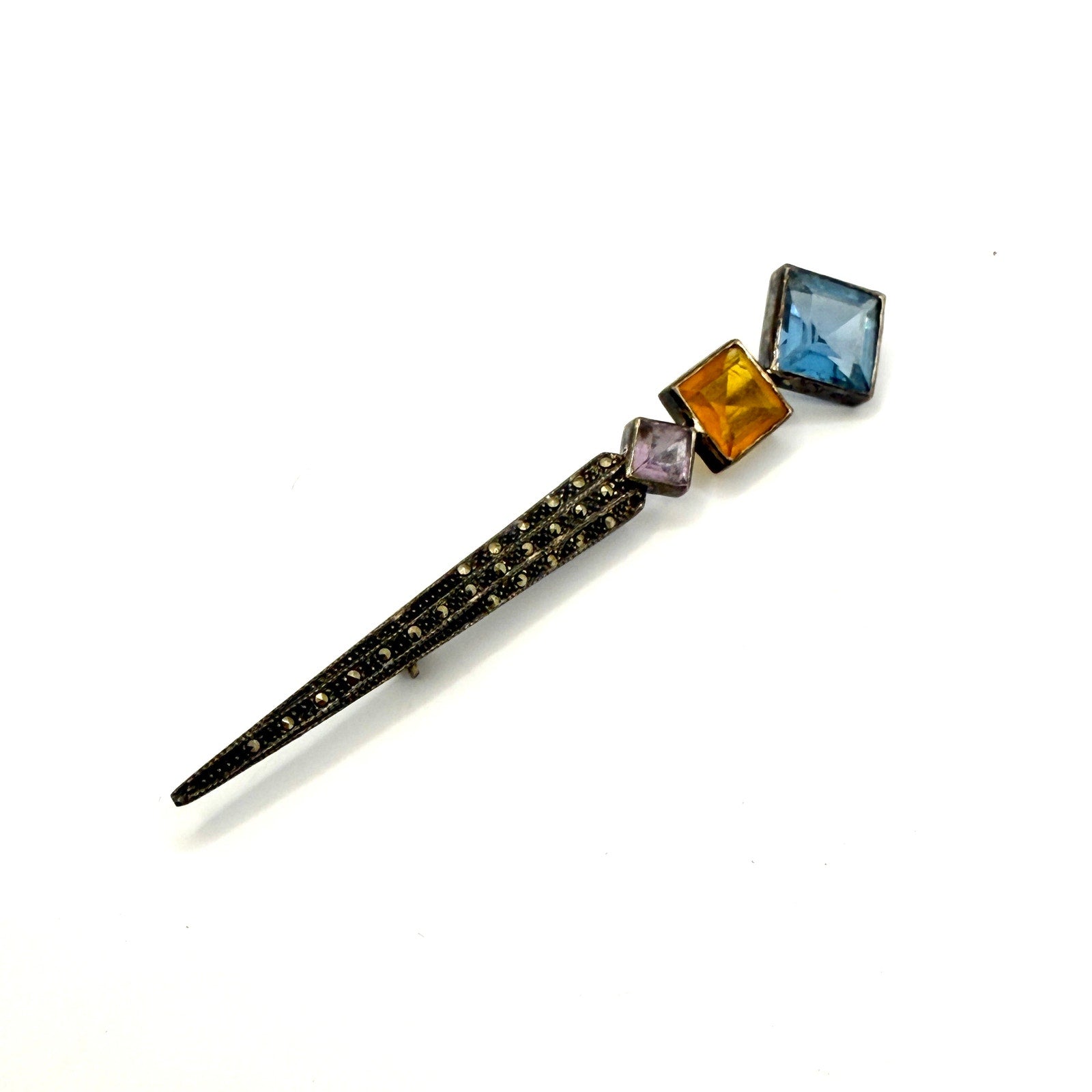 Vintage Art Deco Sterling Marcasite Multi Gemstone Geometric Bar Brooch Pin