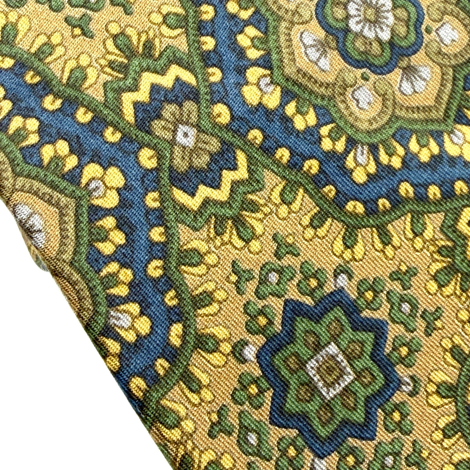 Vintage 90s Etro Green Navy Gold 100% Silk Paisley Skinny Luxury Tie