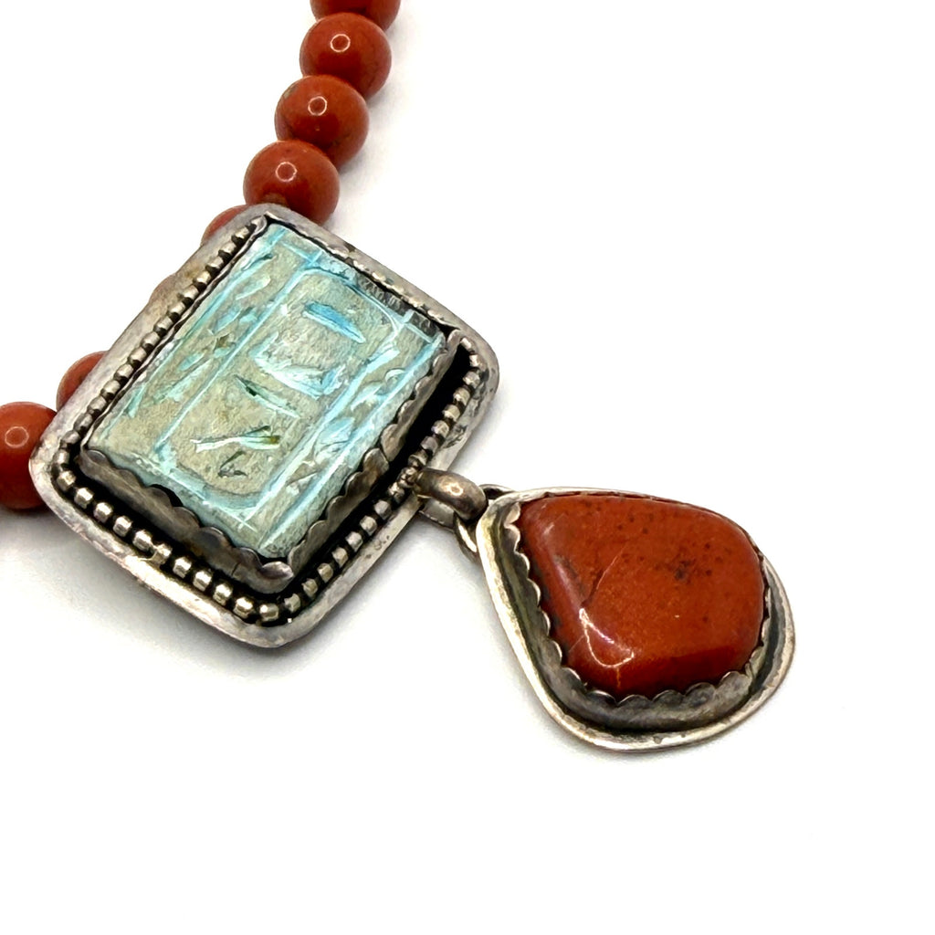 Vintage 90s Gem-N-I Sterling Silver Red Jasper Hieroglyph Necklace Brooch