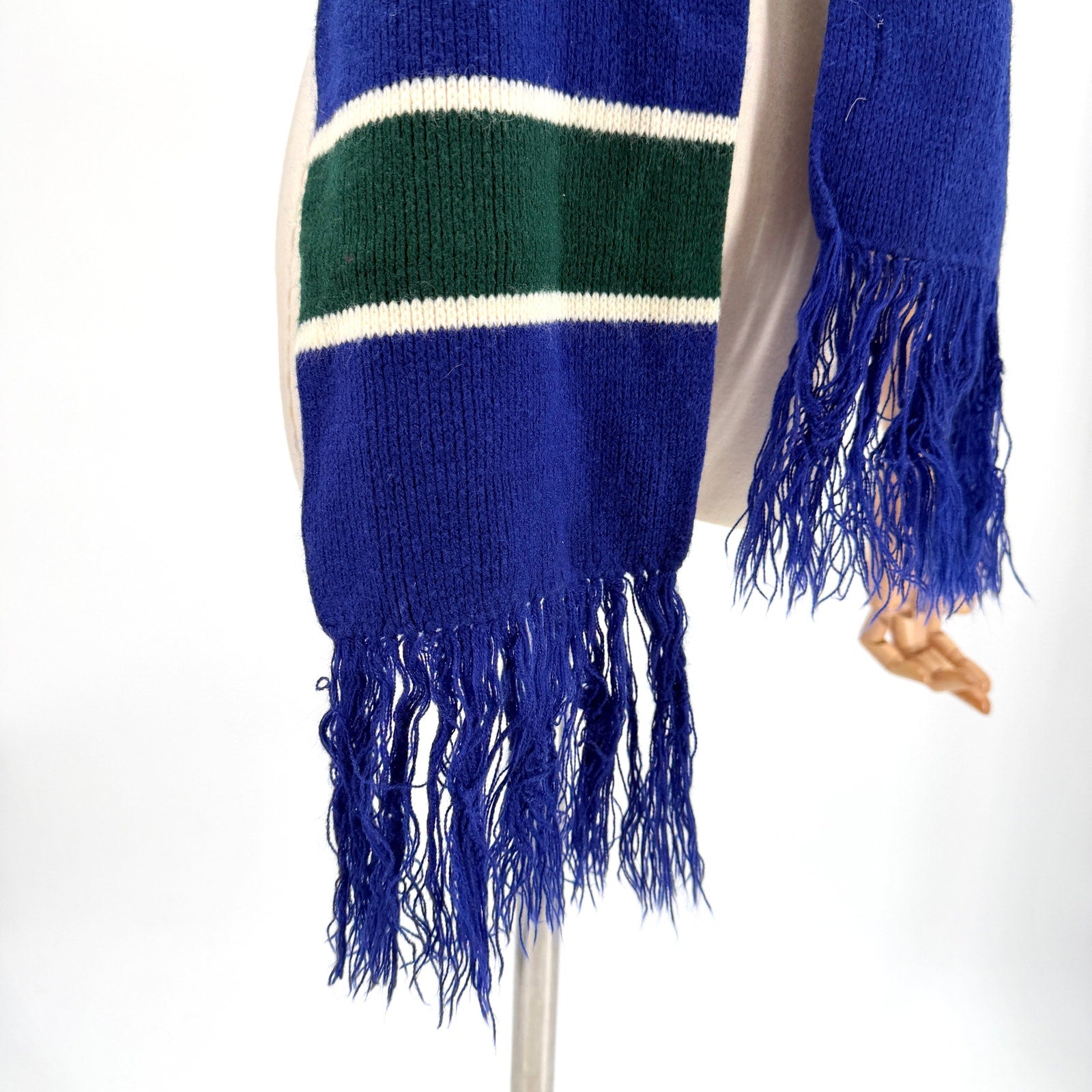 Vintage 70s English Village Blue Green Striped Fringe Knit Scarf