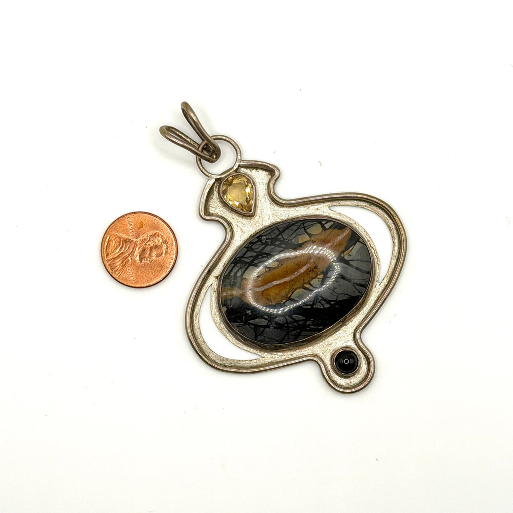 Vintage 90s Spiderweb Jasper Citrine Sterling Silver Boho Statement Pendant