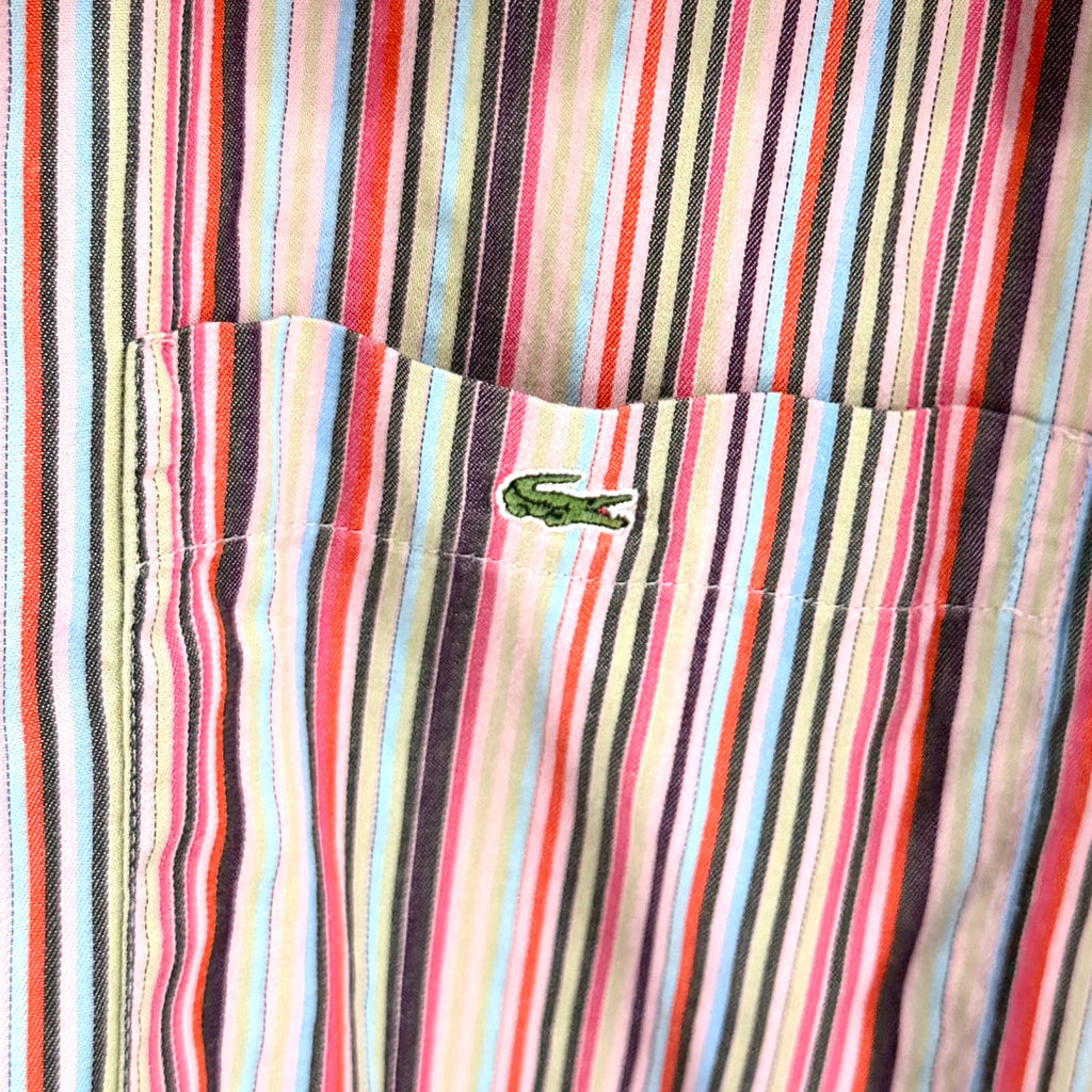 Lacoste Red Pink Striped Multi Color 100% Cotton Button Down Dress Shirt