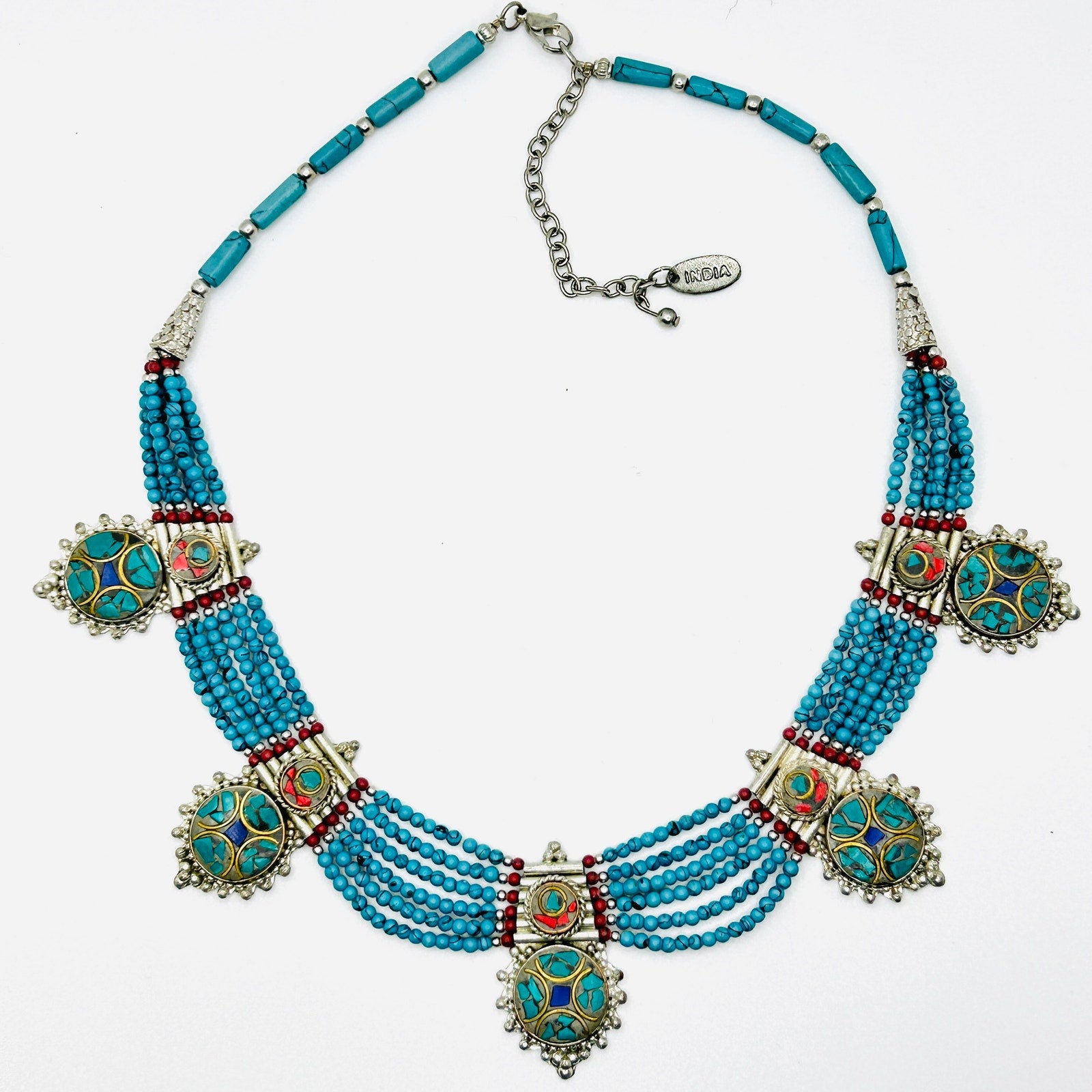 Tribal Ethnic Intricate Silver Talisman Necklace inlayed with Turquoise chips