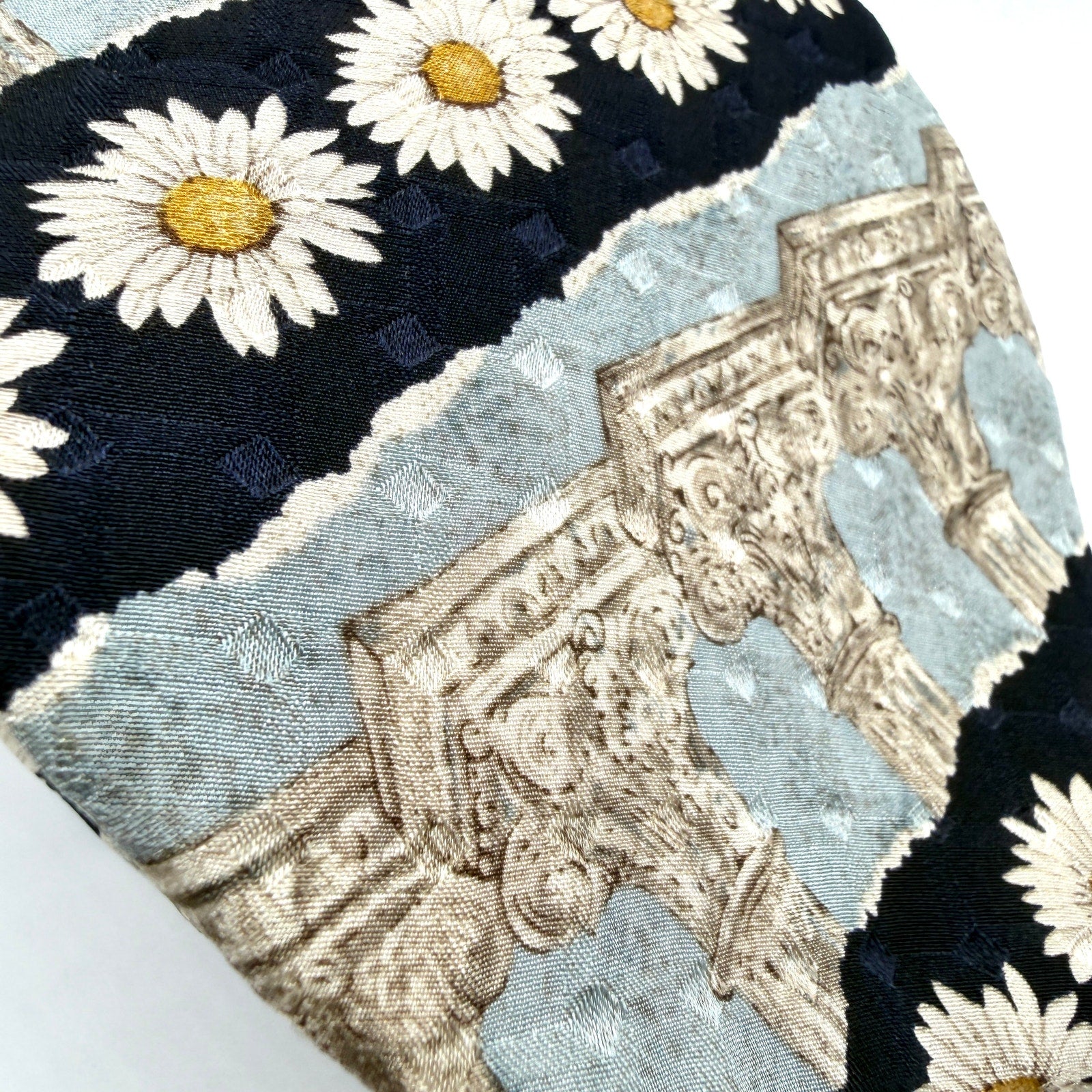 Vintage 90s Structure Blue Silk Architectural Column Daisy Necktie