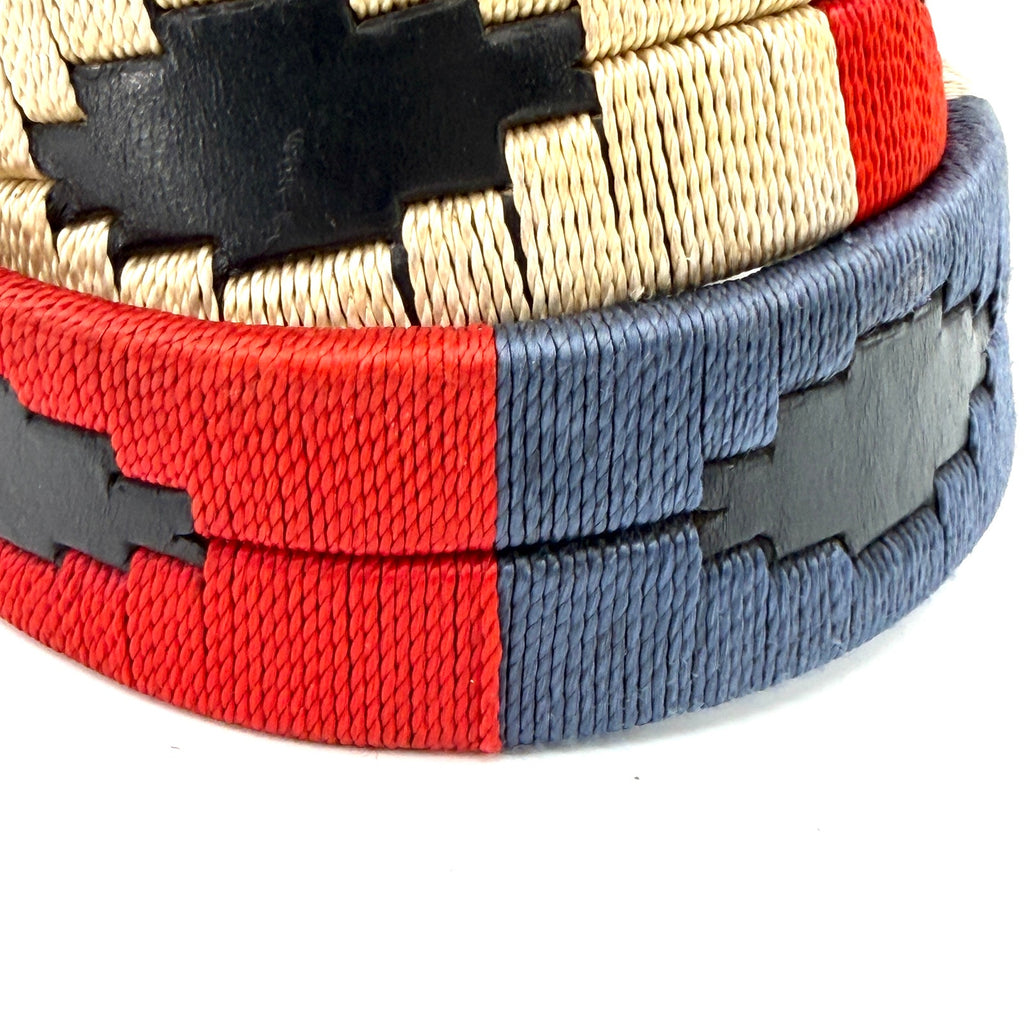Vintage 90s Black Genuine Leather Aztec Red Blue Stitch Geometric Buckle Belt
