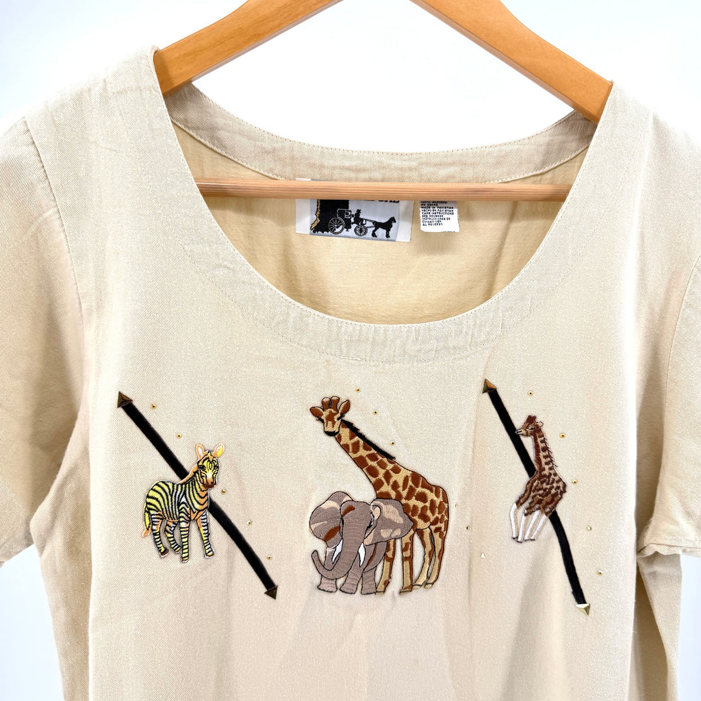 Vintage 90s Shipshe Khaki 100% Cotton Animal Patch Studded Fringe Hem Dress