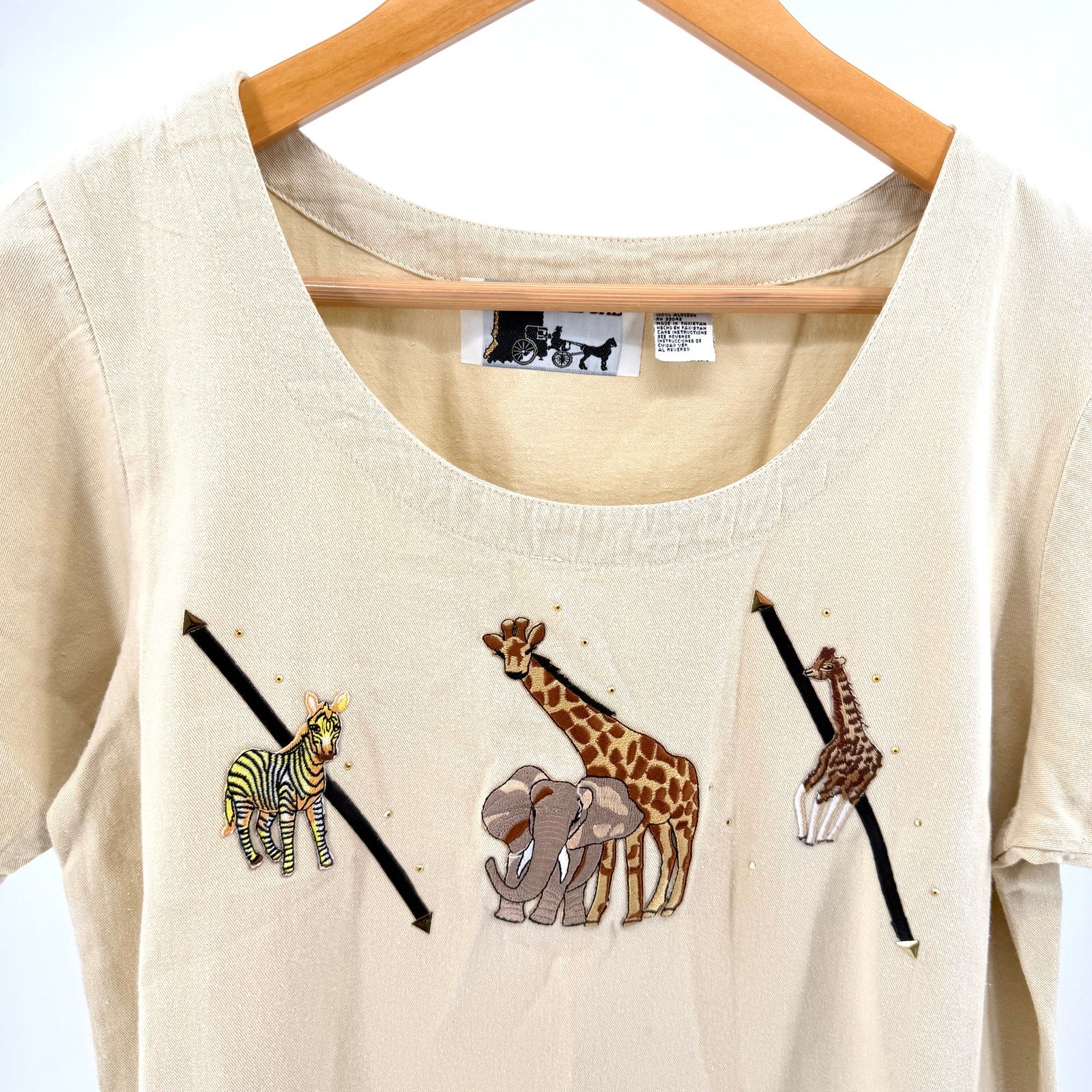Vintage 90s Shipshe Khaki 100% Cotton Animal Patch Studded Fringe Hem Dress