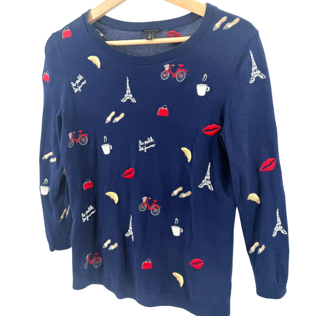 Talbots Navy Blue Parisian Embroidered Eiffel Tower Crewneck Sweater