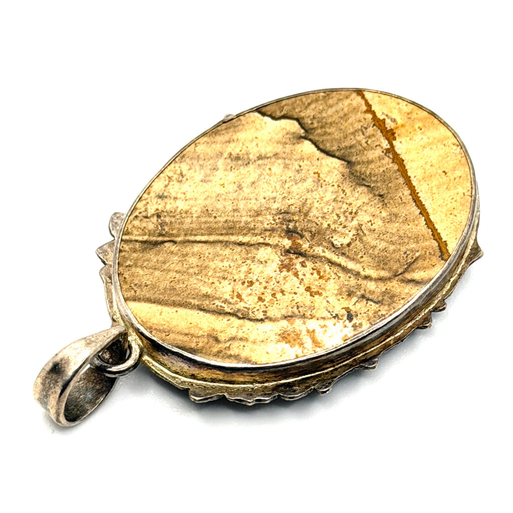 Vintage 90s Picture Jasper Rabbit Nature Sterling Silver Pendant