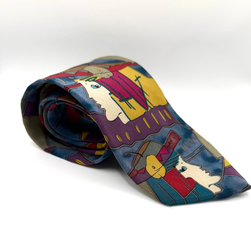 Vintage 90s Neo Max Purple Blue 100% Silk Peter Max Pop Art Necktie