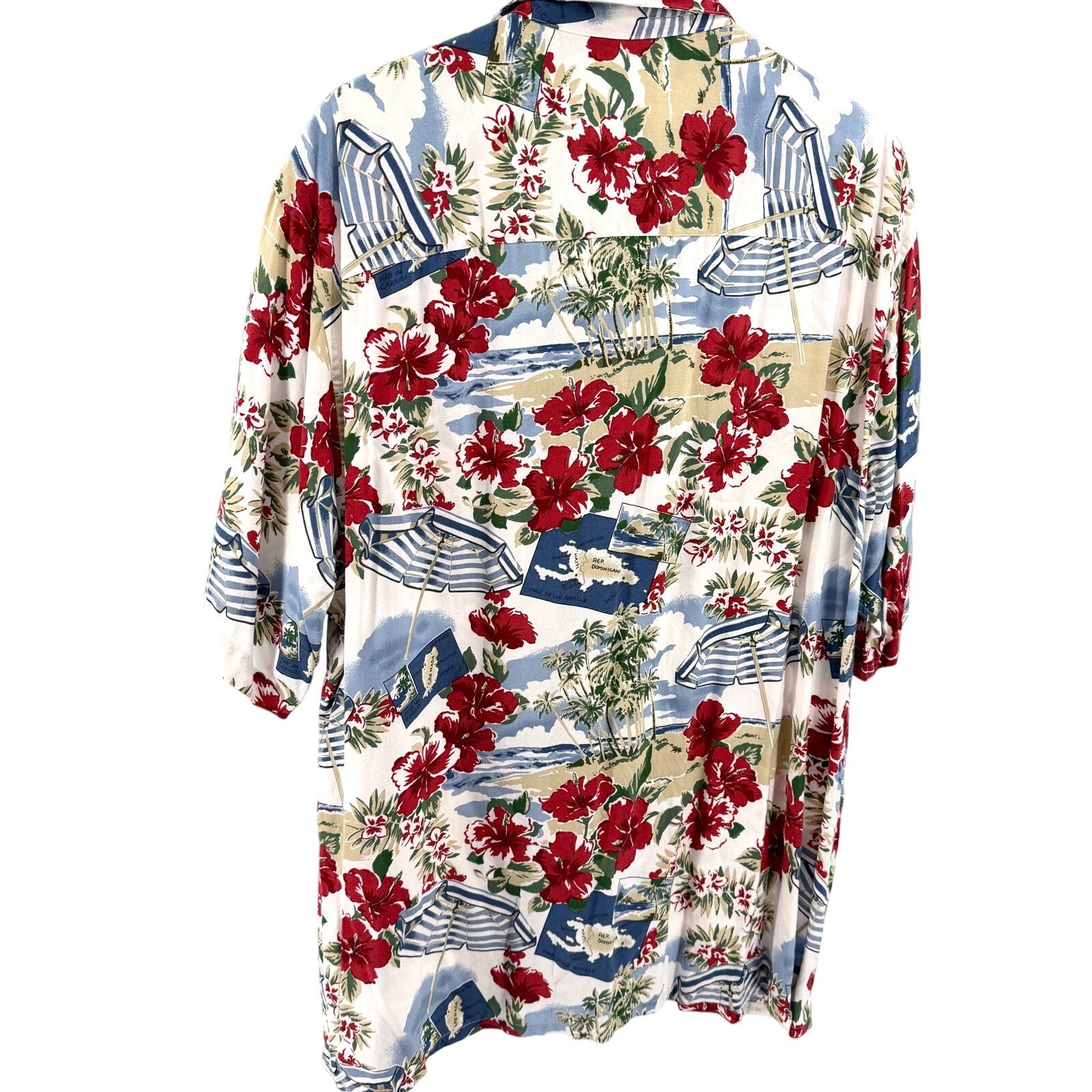 Vintage 90s Roundtree & Yorke Blue Red Hibiscus Caribbean Map Aloha Shirt