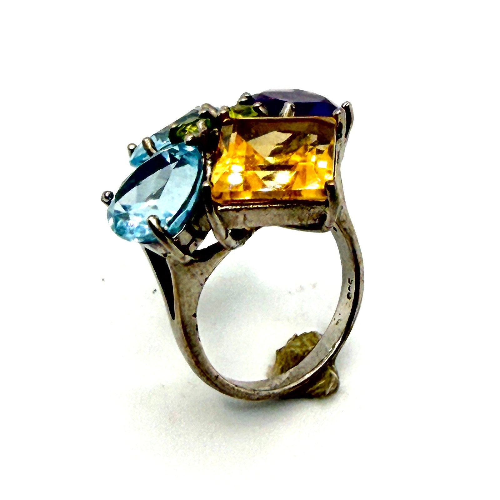 Vintage Y2K Sterling Silver Topaz Amethyst Gemstone Cluster Statement Ring