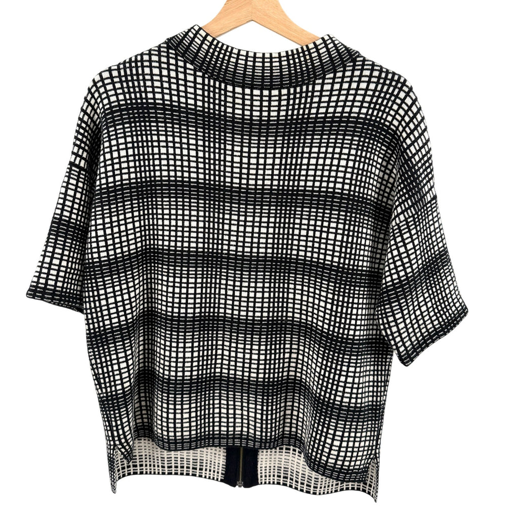 French Connection Black White Grid Plaid Zip Mock Neck Sweater Top