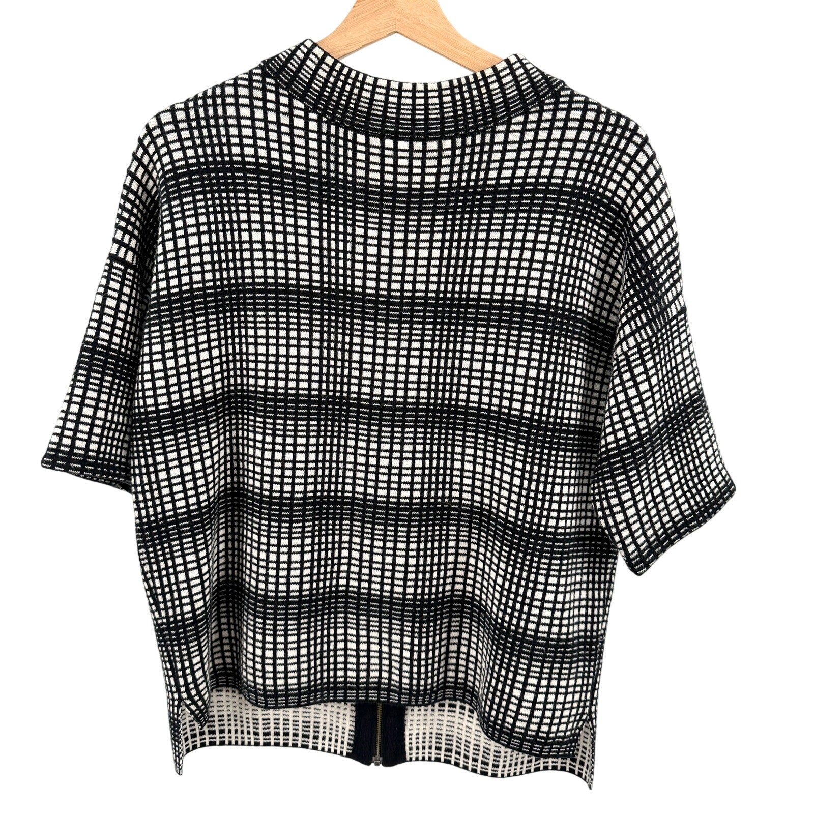 French Connection Black White Grid Plaid Zip Mock Neck Sweater Top