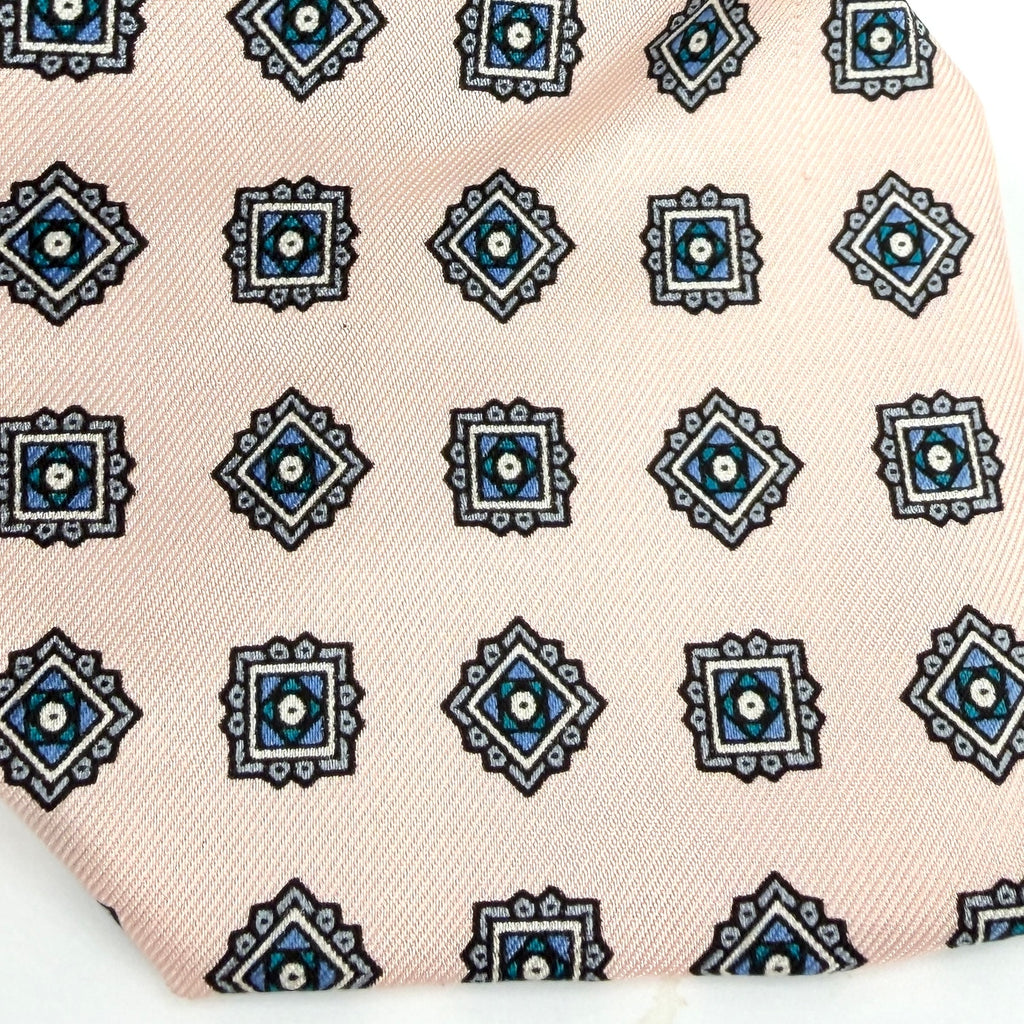 Vintage 80s Bert Pulitzer Pink Blue 100% Silk Geometric Medallion Necktie