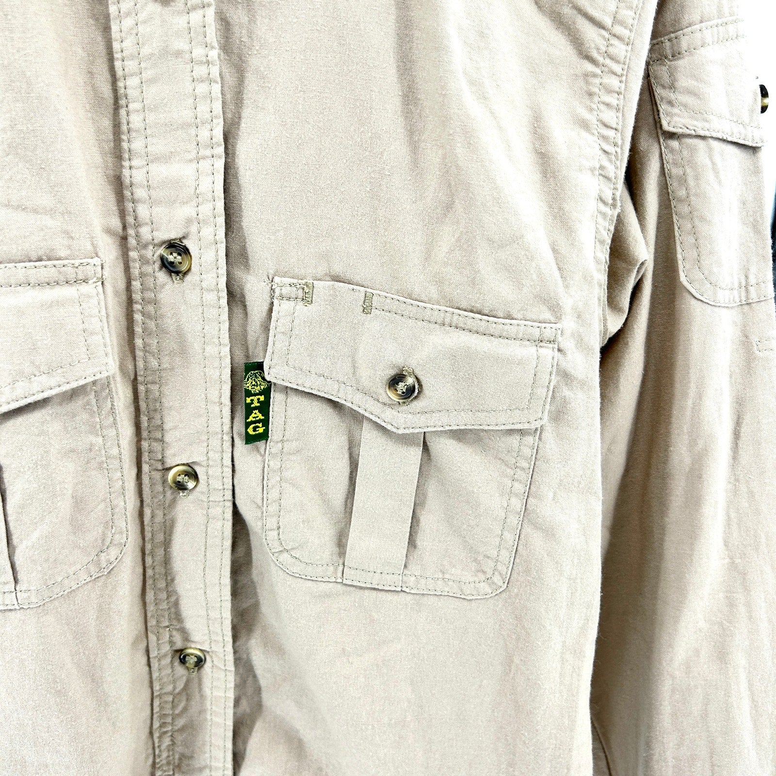 TAG Safari Khaki Utility Quilted Shoulder Button-Up Shirt