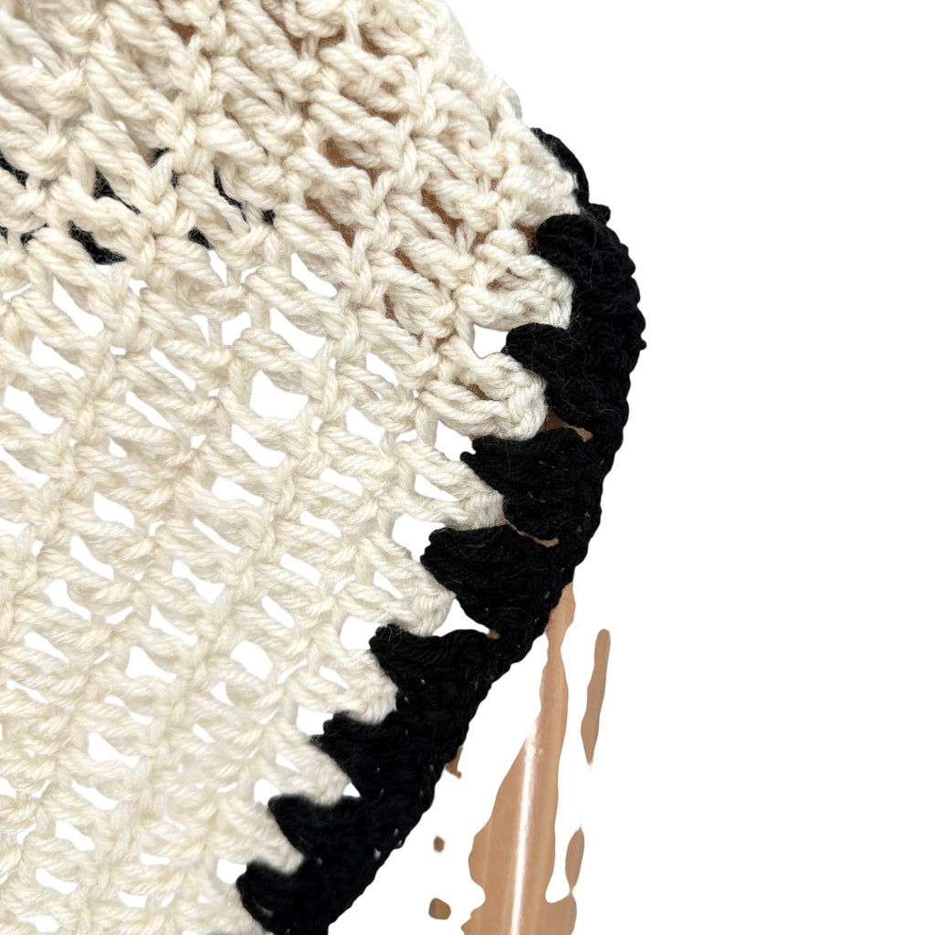 Vintage 80s Cream Black Handmade Crochet Knit Scalloped Trim Fringe Shawl